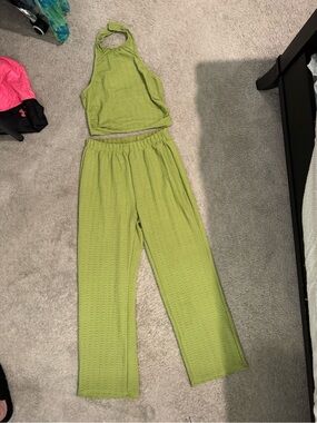 Light Green High-Waist Wide-Leg Textured Pants